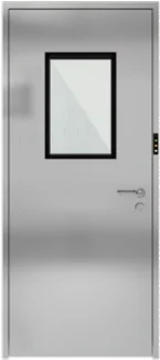 Stainless-steel cleanroom door with a rectangular vision panel